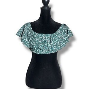 Indigo Child Teal and White Ditsy Floral Print Ruffled Off Shoulder Crop Top